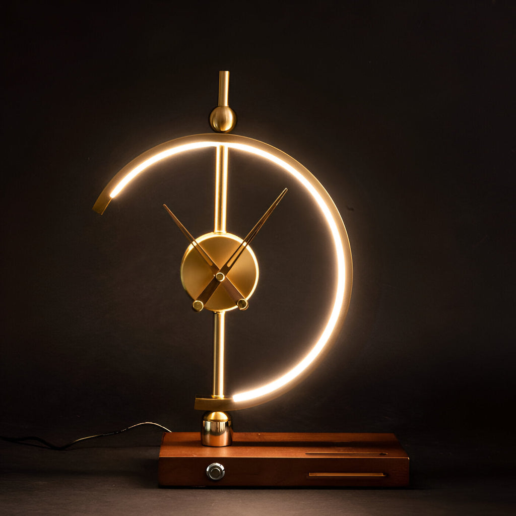 GLux Horloge - Lampe de Bureau LED Temps Doré - Chargeur Qi Sans Fil Géométrique & Horloge