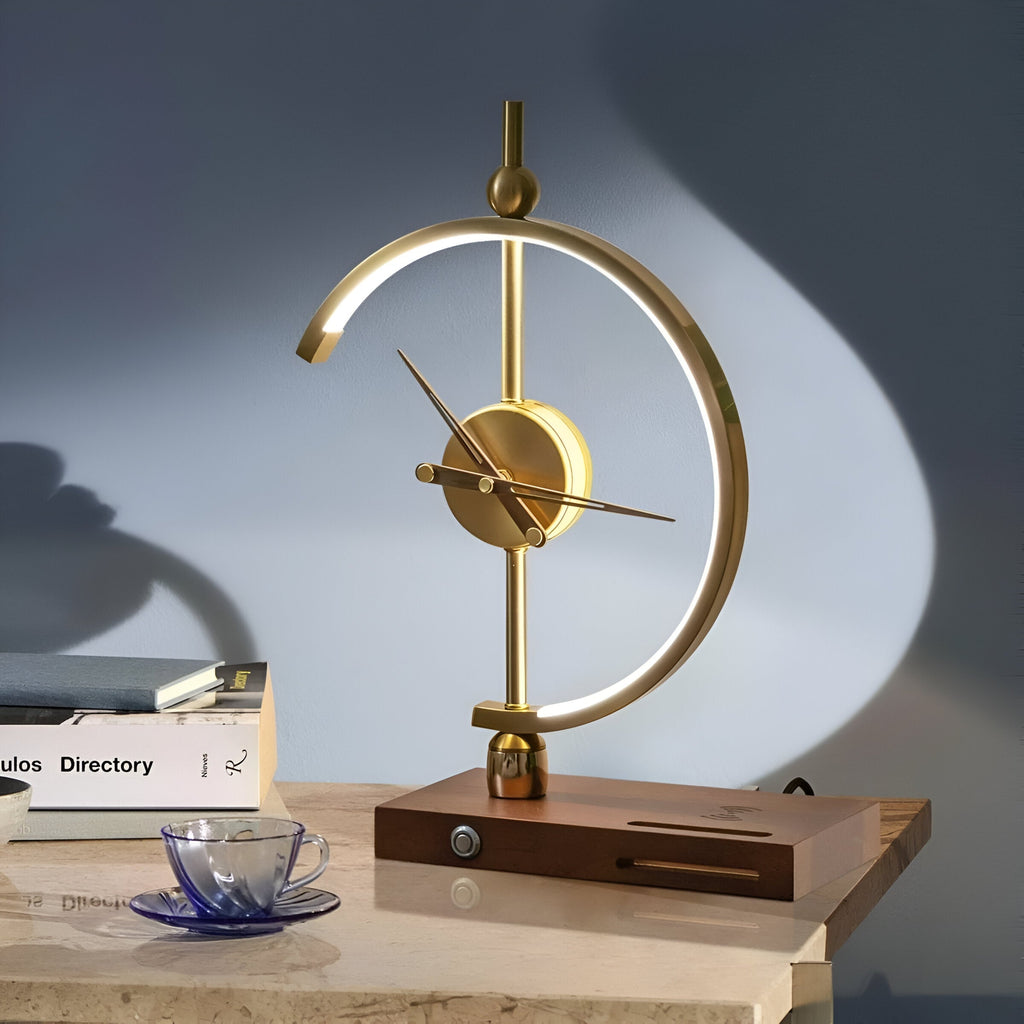 GLux Horloge - Lampe de Bureau LED Temps Doré - Chargeur Qi Sans Fil Géométrique & Horloge