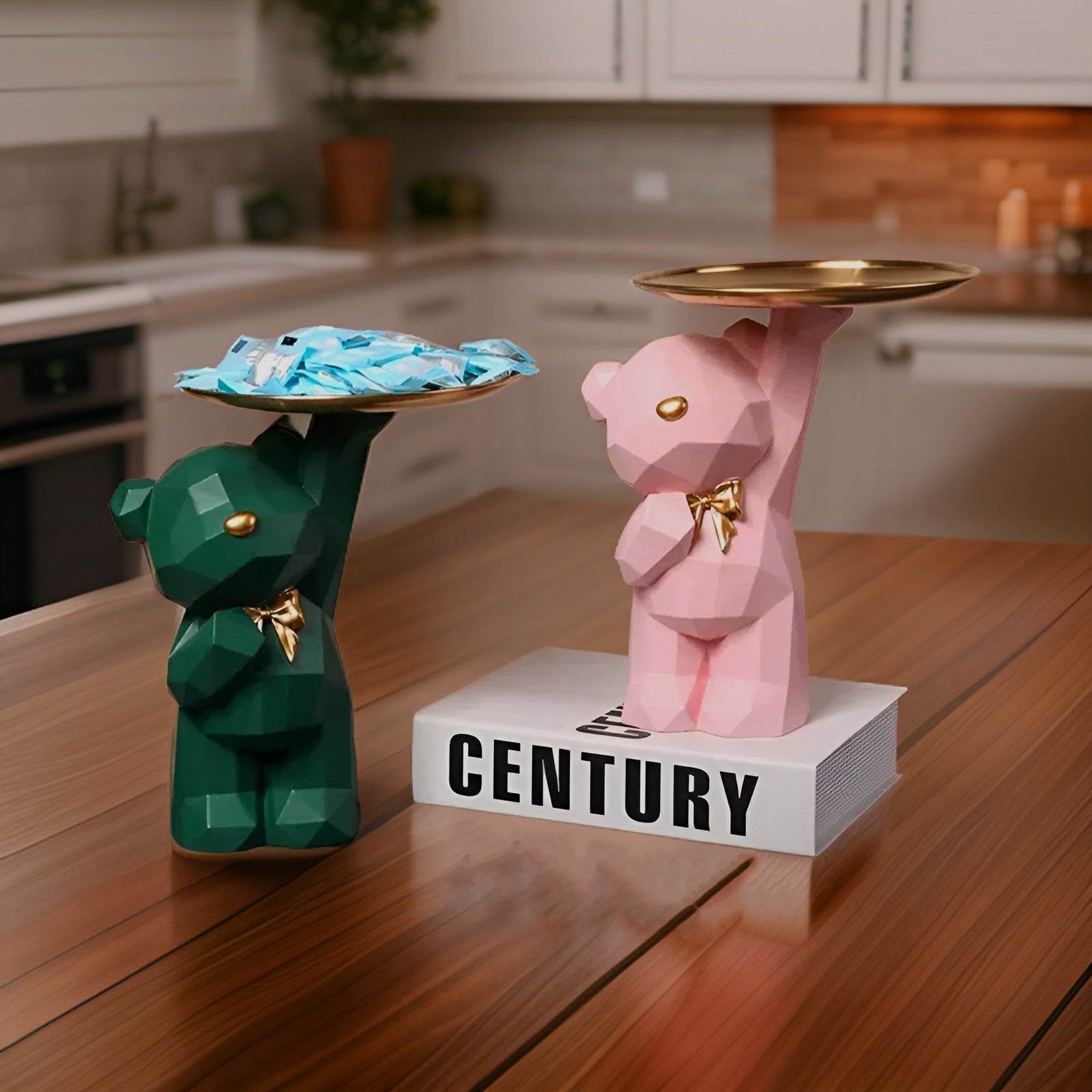 Plateau de Service Figurine Ours Géométrique en Résine