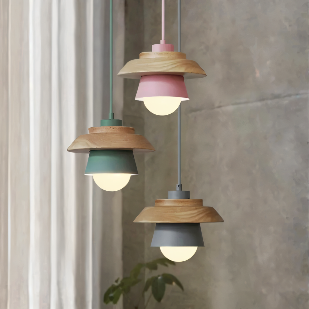 ScandiHue Suspension – Lampe Suspendue Scandinave en Bois et Métal avec Couleurs Macaron