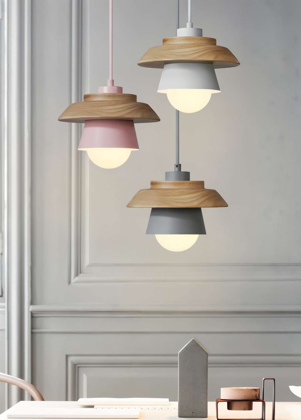 ScandiHue Suspension – Lampe Suspendue Scandinave en Bois et Métal avec Couleurs Macaron