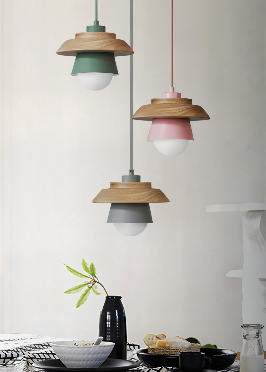 ScandiHue Suspension – Lampe Suspendue Scandinave en Bois et Métal avec Couleurs Macaron