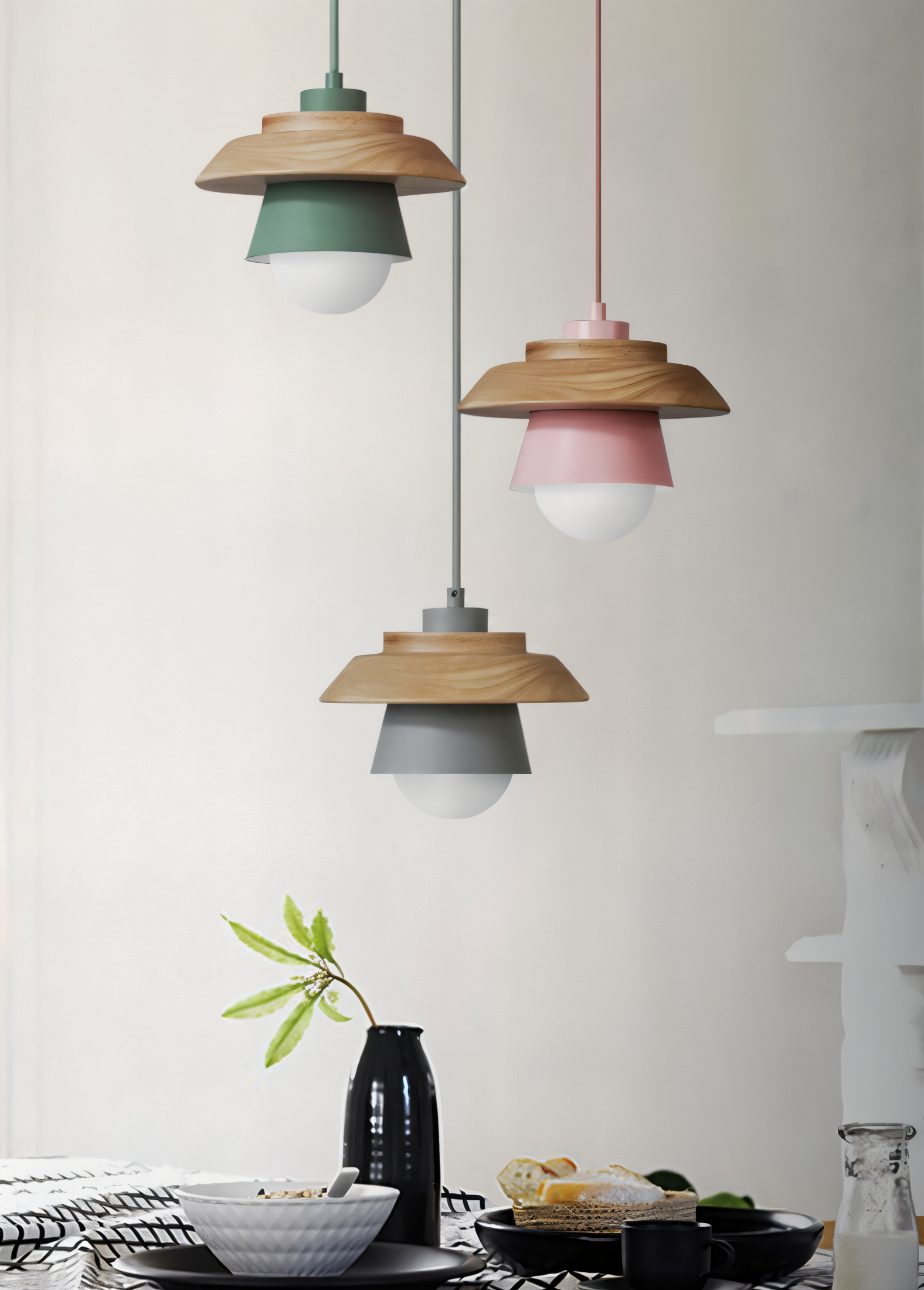 ScandiHue Suspension – Lampe Suspendue Scandinave en Bois et Métal avec Couleurs Macaron