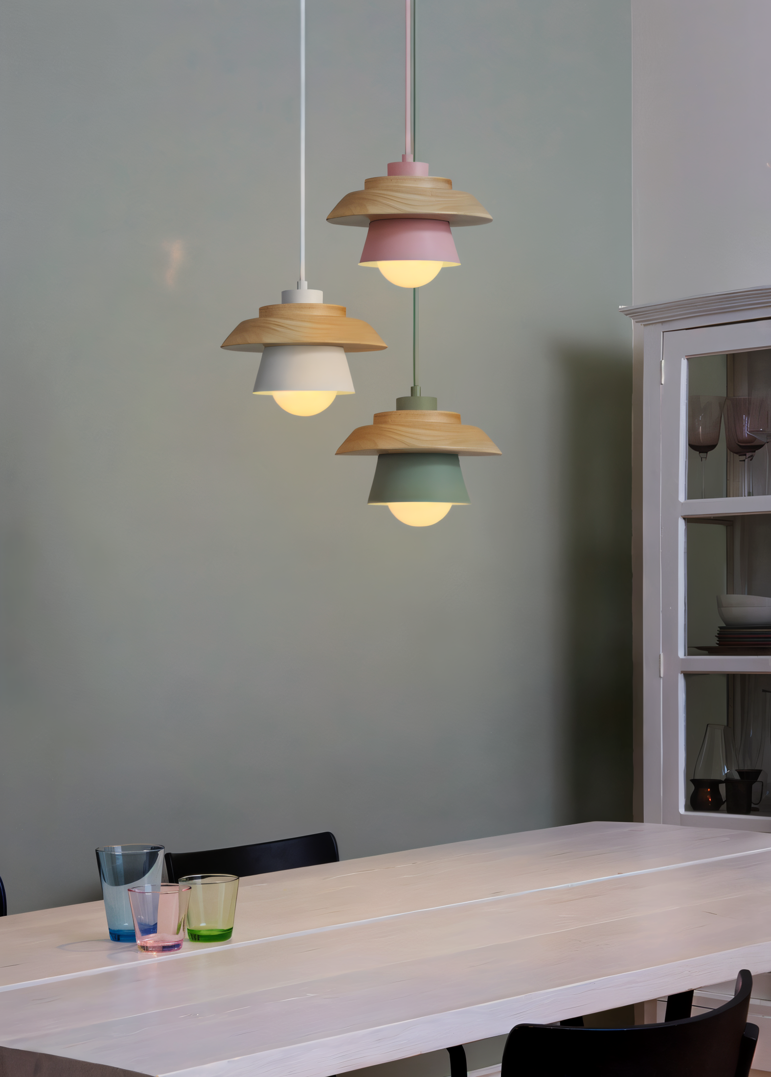 ScandiHue Suspension – Lampe Suspendue Scandinave en Bois et Métal avec Couleurs Macaron