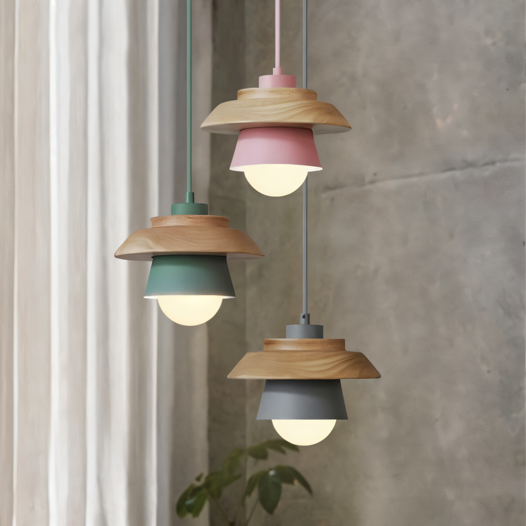 ScandiHue Suspension – Lampe Suspendue Scandinave en Bois et Métal avec Couleurs Macaron