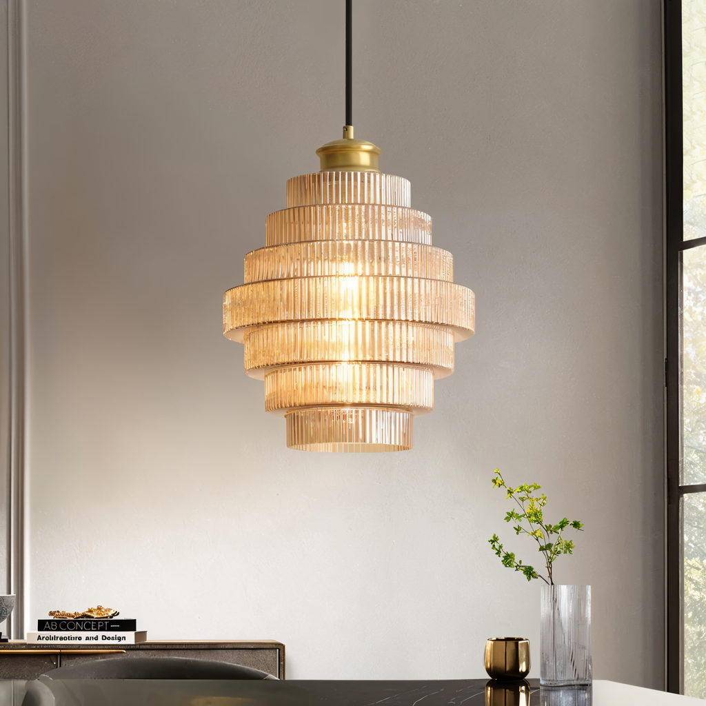 Suspension en verre et laiton – lampe rétro au design en couches