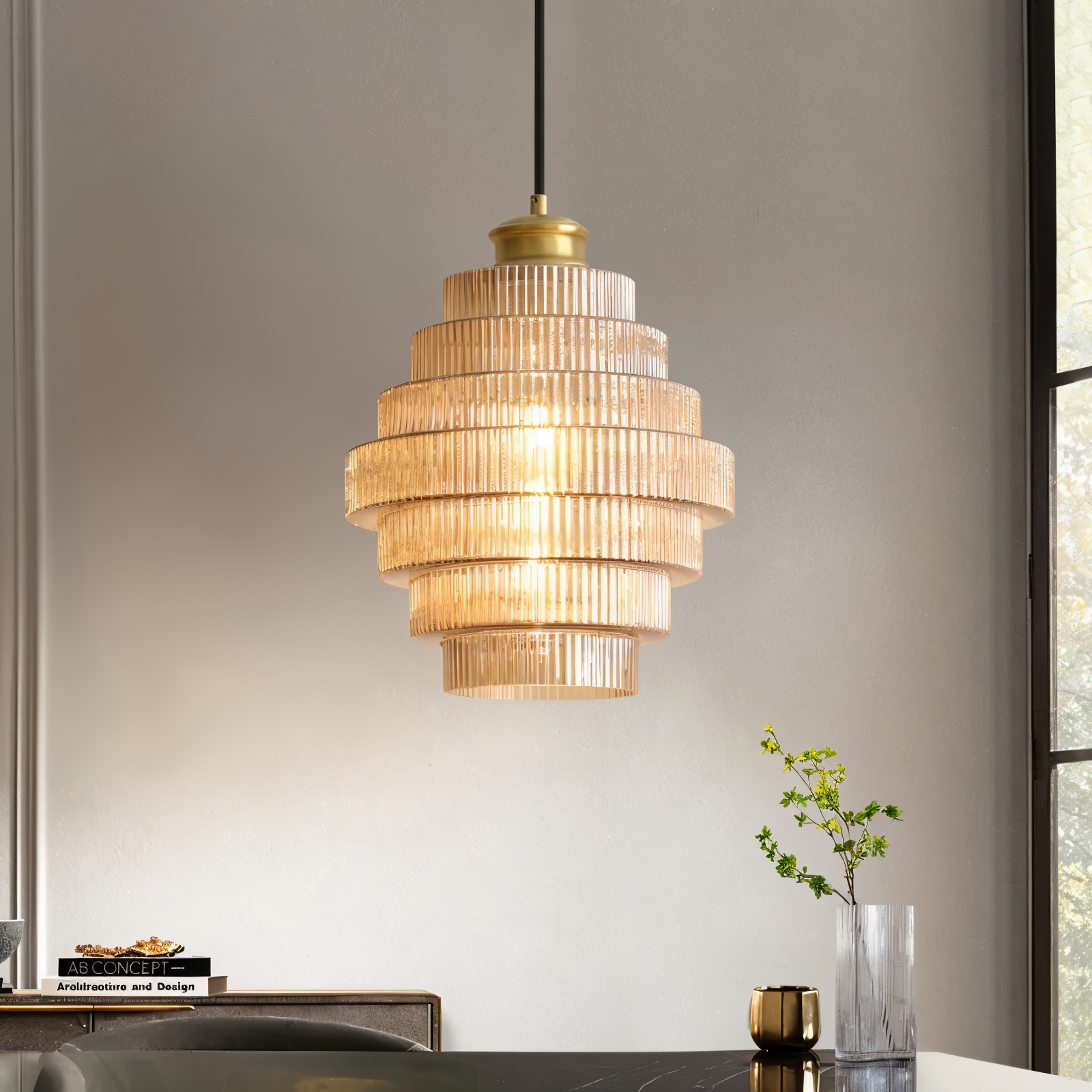 Suspension en verre et laiton – lampe rétro au design en couches