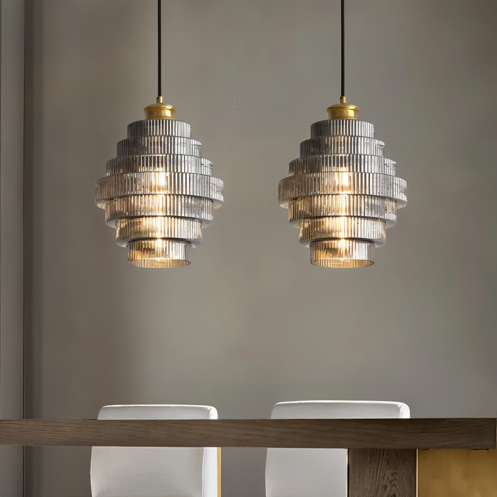 Suspension en verre et laiton – lampe rétro au design en couches