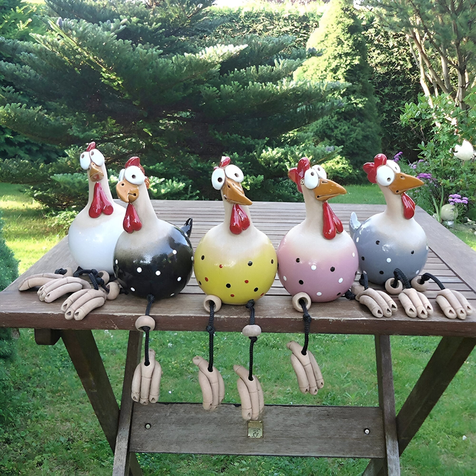 Figurines de jardin coqs avec des jambes pendantes
