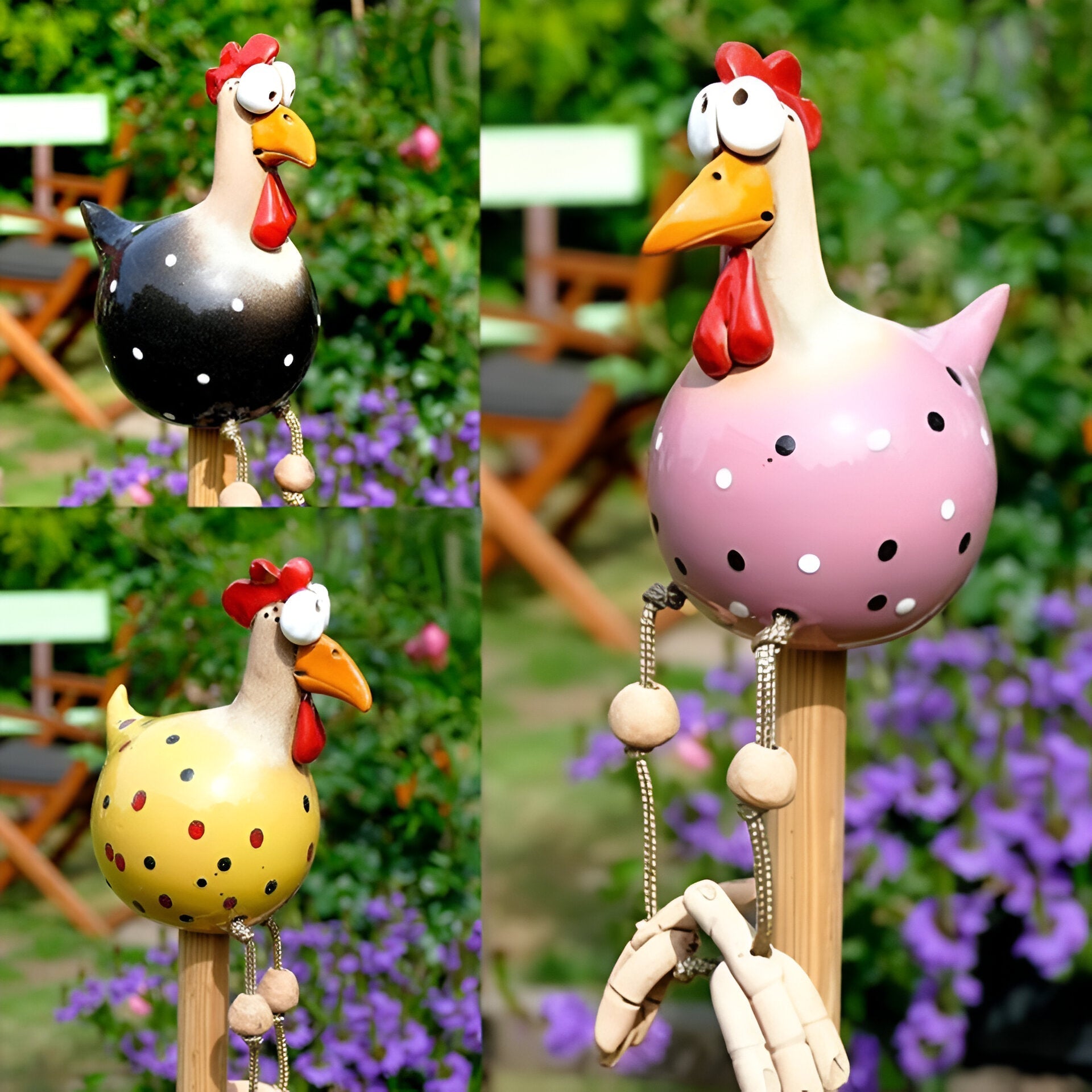 Figurines de jardin coqs avec des jambes pendantes