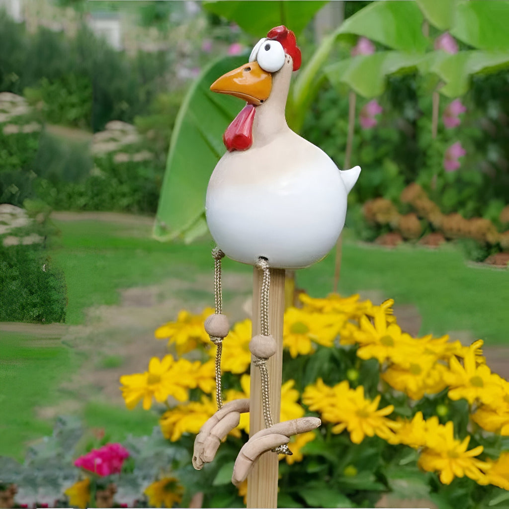 Figurines de jardin coqs avec des jambes pendantes