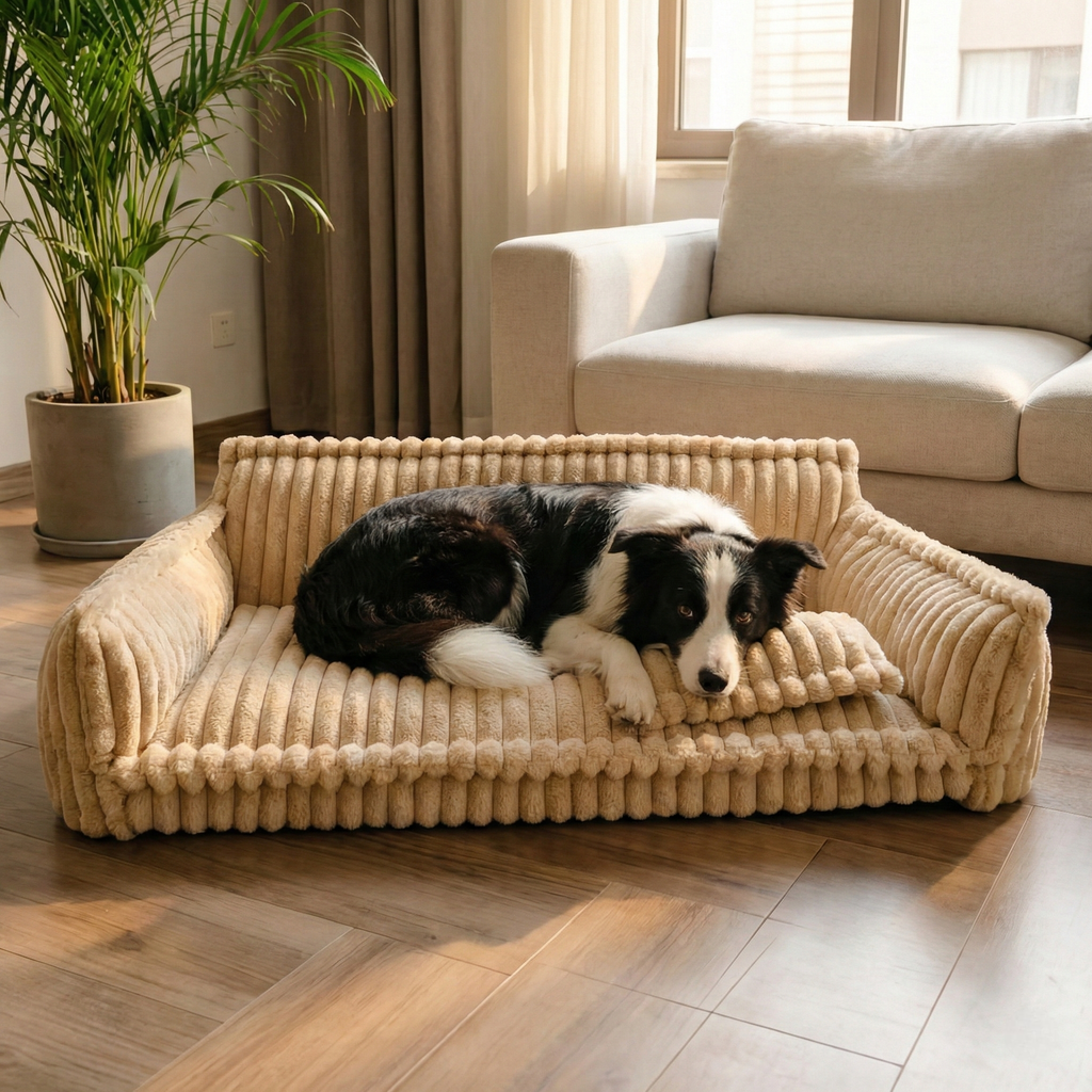 Canapé pour chien Rayé & Doux pour les articulations – Bord haut & Rembourrage doux