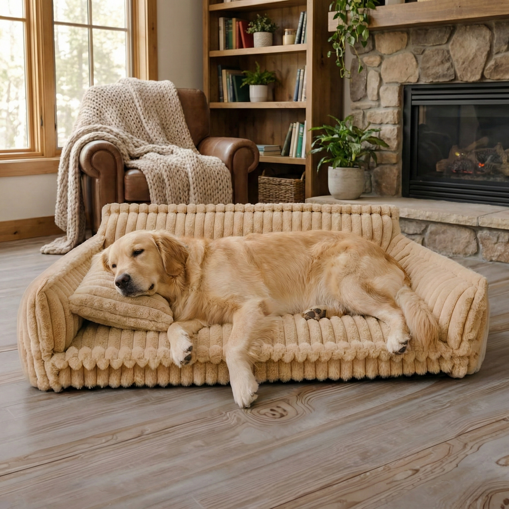Canapé pour chien Rayé & Doux pour les articulations – Bord haut & Rembourrage doux
