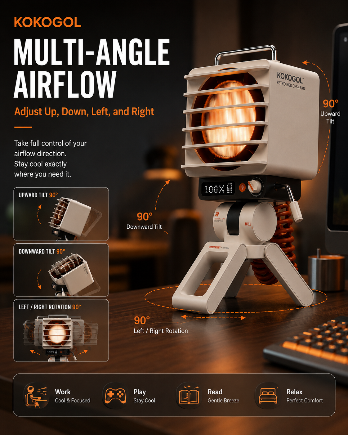 KOKOGOL AirPixel™ Ventilateur de table rétro RGB avec écran LED matriciel et batterie de 5000 mAh