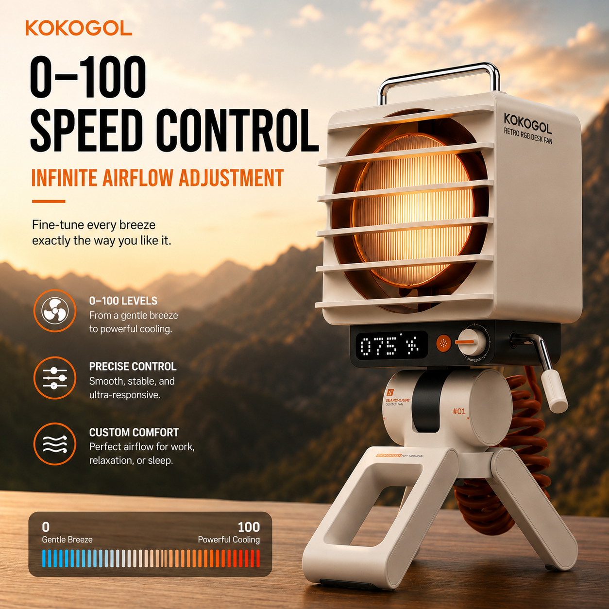 KOKOGOL AirPixel™ Ventilateur de table rétro RGB avec écran LED matriciel et batterie de 5000 mAh