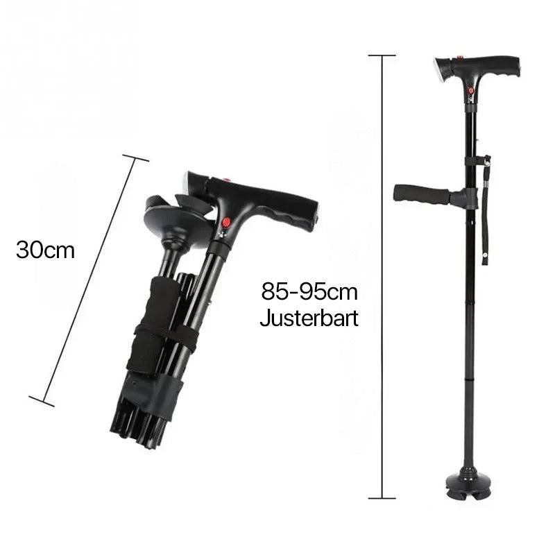 Canne pliable avec double poignée, alarme et lampe