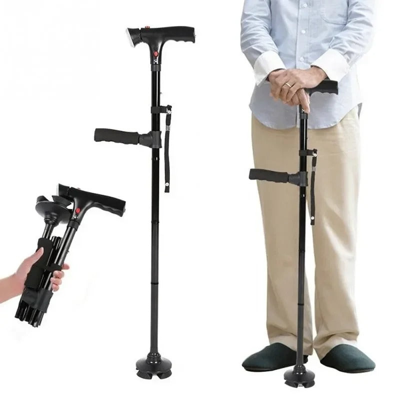 Canne pliable avec double poignée, alarme et lampe