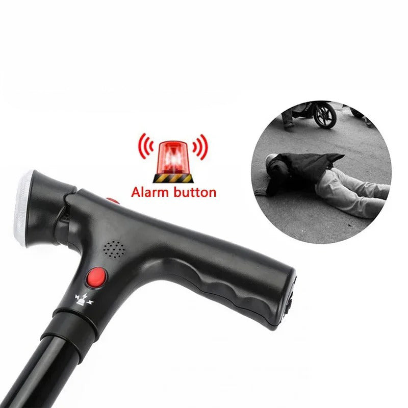 Canne pliable avec double poignée, alarme et lampe