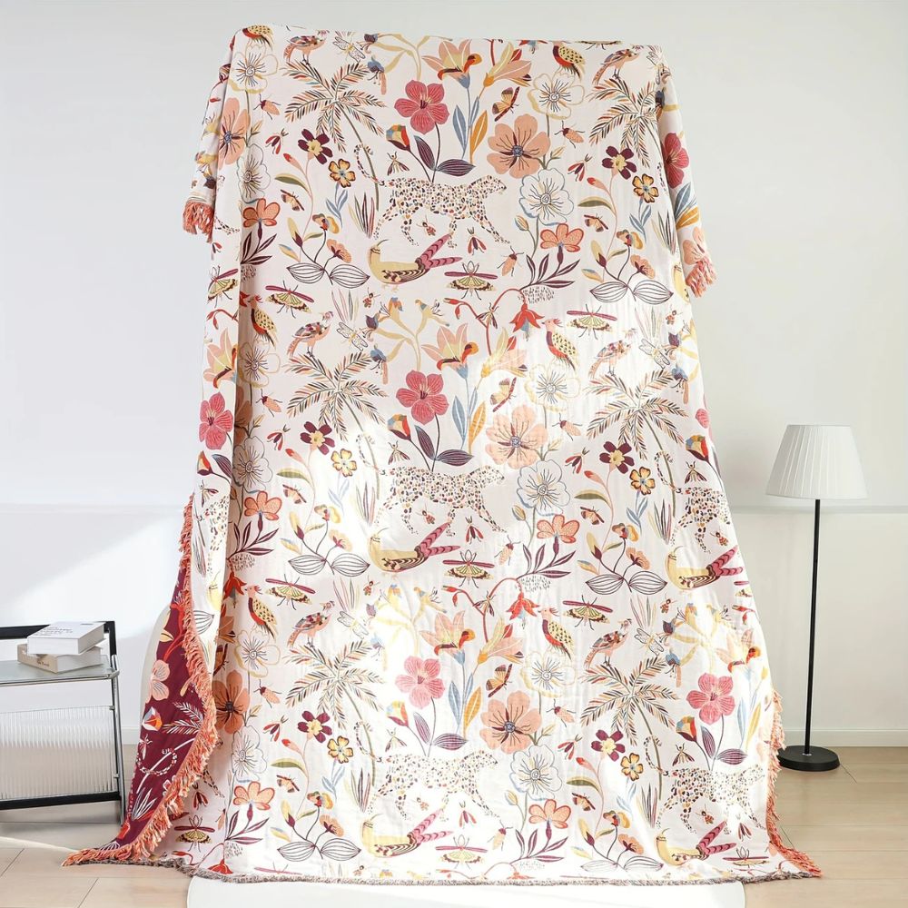 Couverture réversible en coton Jungle Bloom