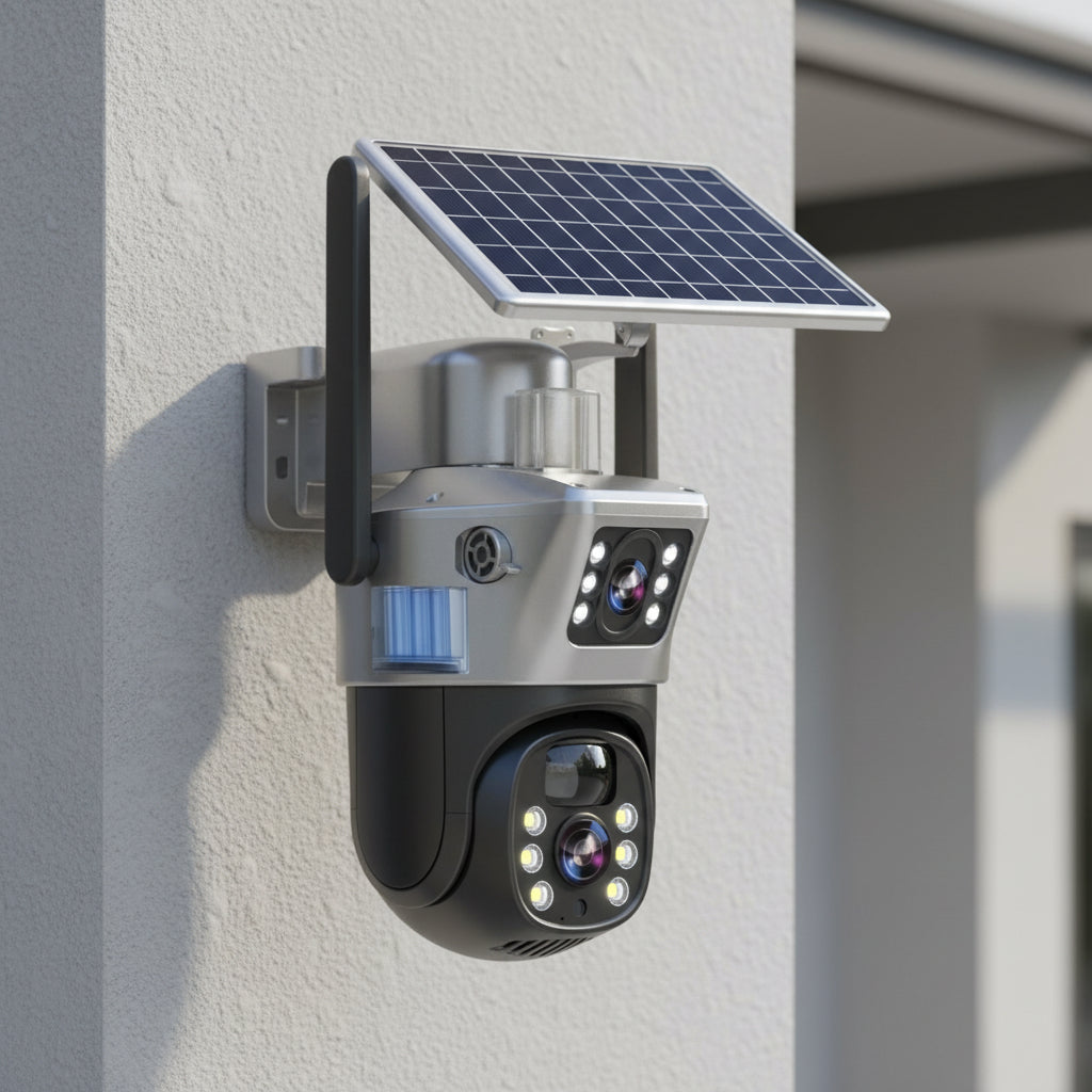 DUALGUARD CAM – Caméra de sécurité sans fil 4K avec panneau solaire et vue panoramique à 360°