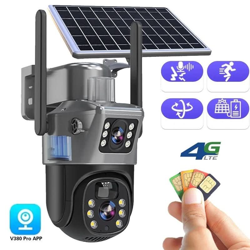 DUALGUARD CAM – Caméra de sécurité sans fil 4K avec panneau solaire et vue panoramique à 360°