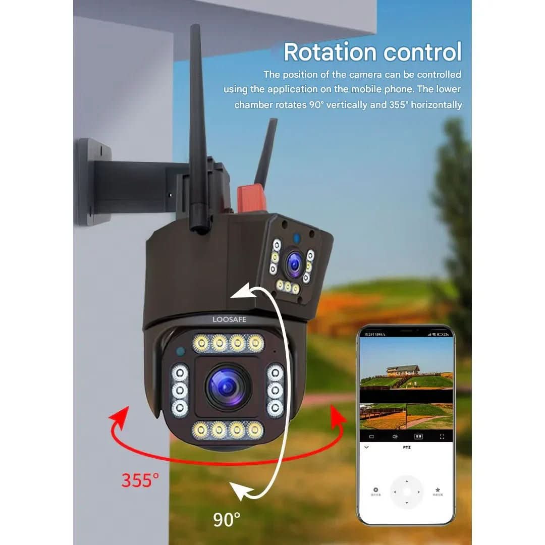 DUALGUARD CAM – Caméra de sécurité sans fil 4K avec panneau solaire et vue panoramique à 360°