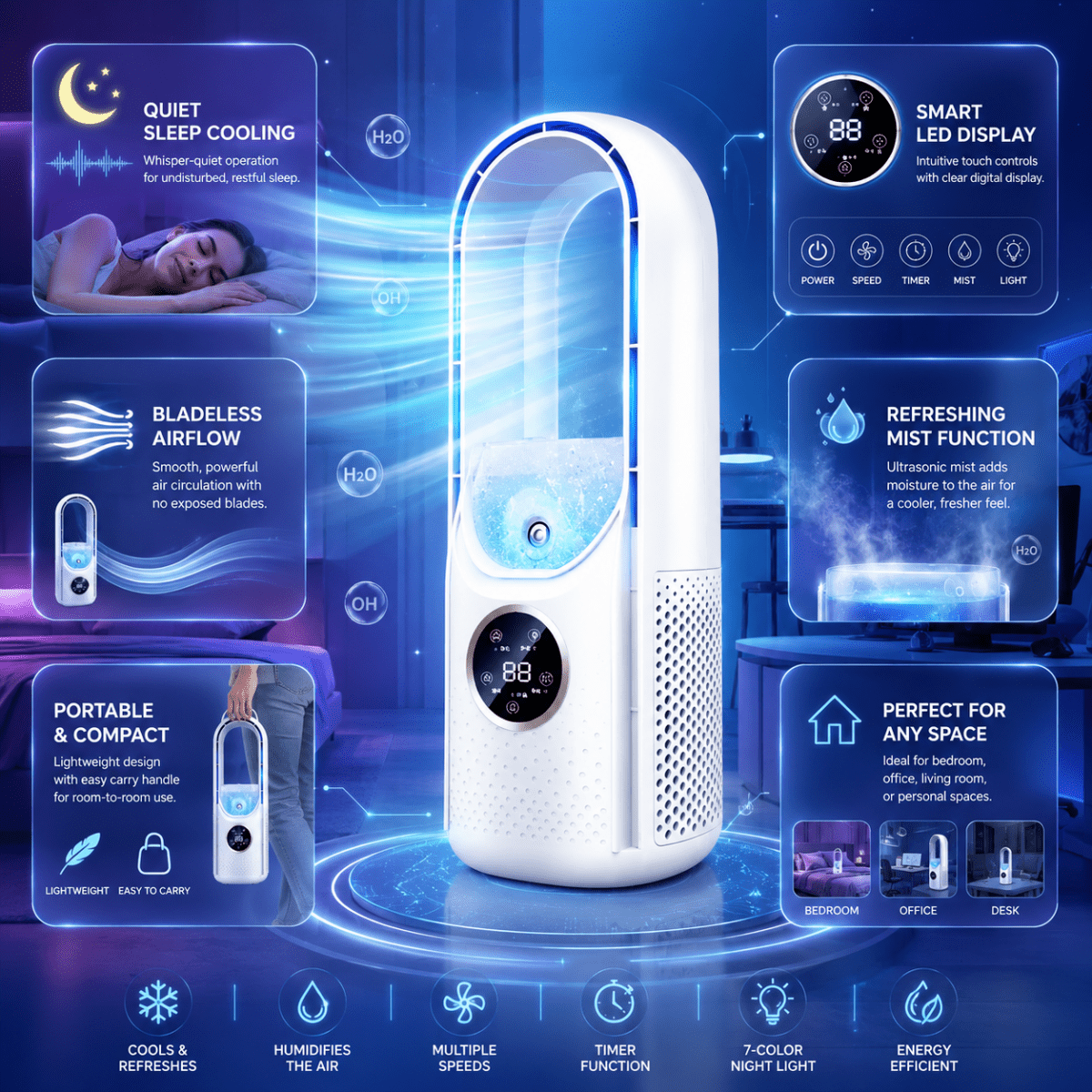 Ventilateur tour sans pale – ultra silencieux pour la chambre et le bureau
