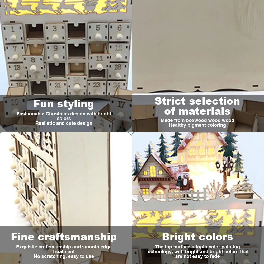 Calendrier de l'Avent en Bois LumiFest – 24 Cases avec Lumière LED Chaude & Ambiance de Noël