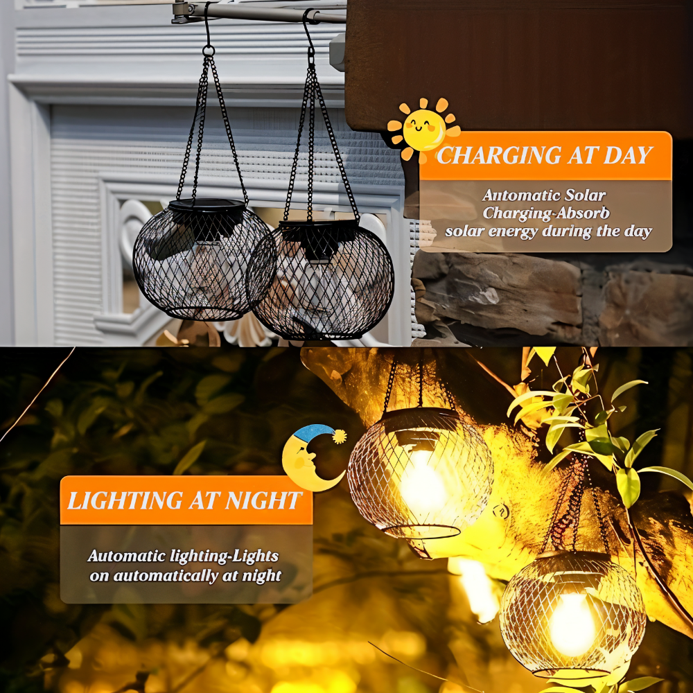 Lampe suspendue solaire en métal – lanterne décorative au design en treillis