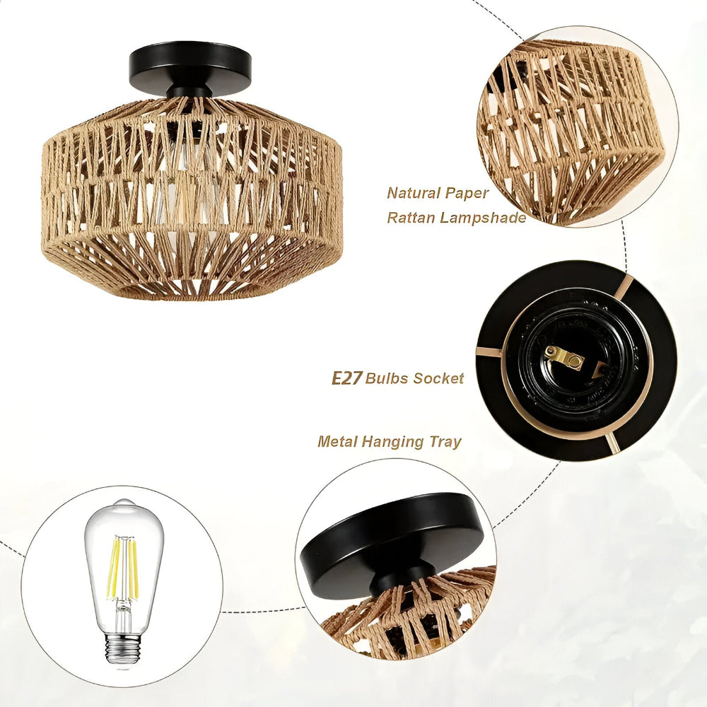 Ravira – Lampe de Plafond en Rattan Fait Main de Style Bohème