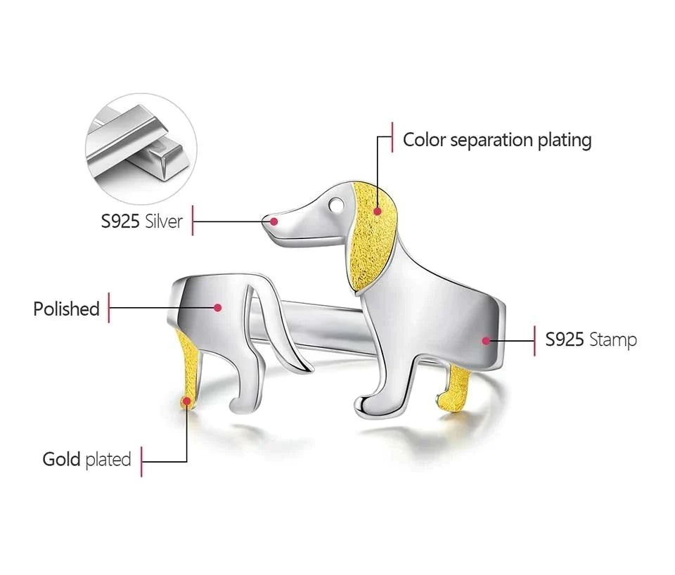 Bague en Argent Ajustable pour Chien Teckel Mignon