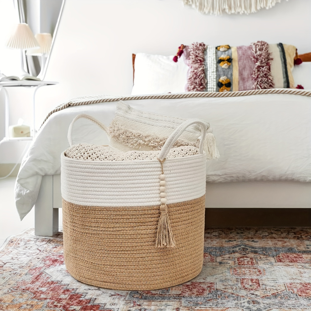 Panier de rangement en macramé en coton avec design boho