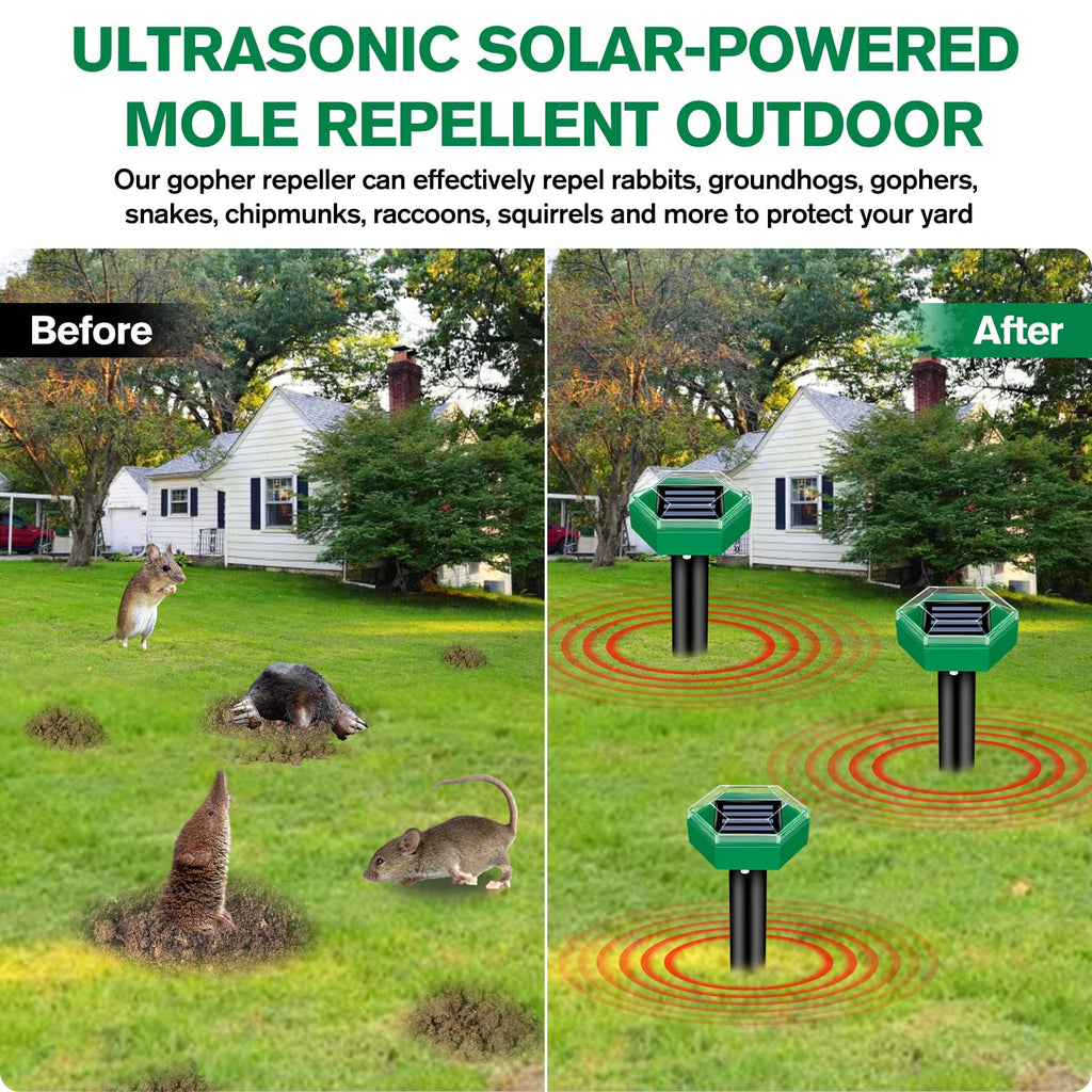 Repousse-Mole 4 pièces | Énergisé par solaire et résistant aux intempéries | Installation facile | MoleSilent