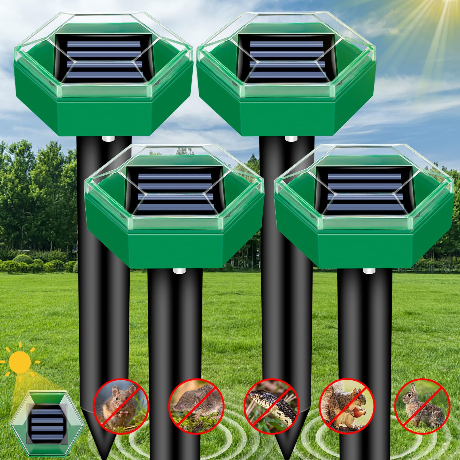 Repousse-Mole 4 pièces | Énergisé par solaire et résistant aux intempéries | Installation facile | MoleSilent