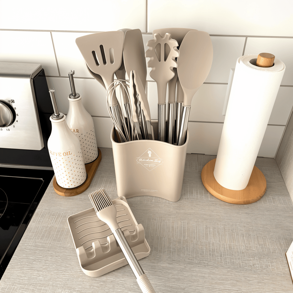 Ensemble d'ustensiles de cuisine moderne en silicone de 12 pièces - Poignées résistantes à la chaleur en acier inoxydable noir élégant pour une cuisine stylée