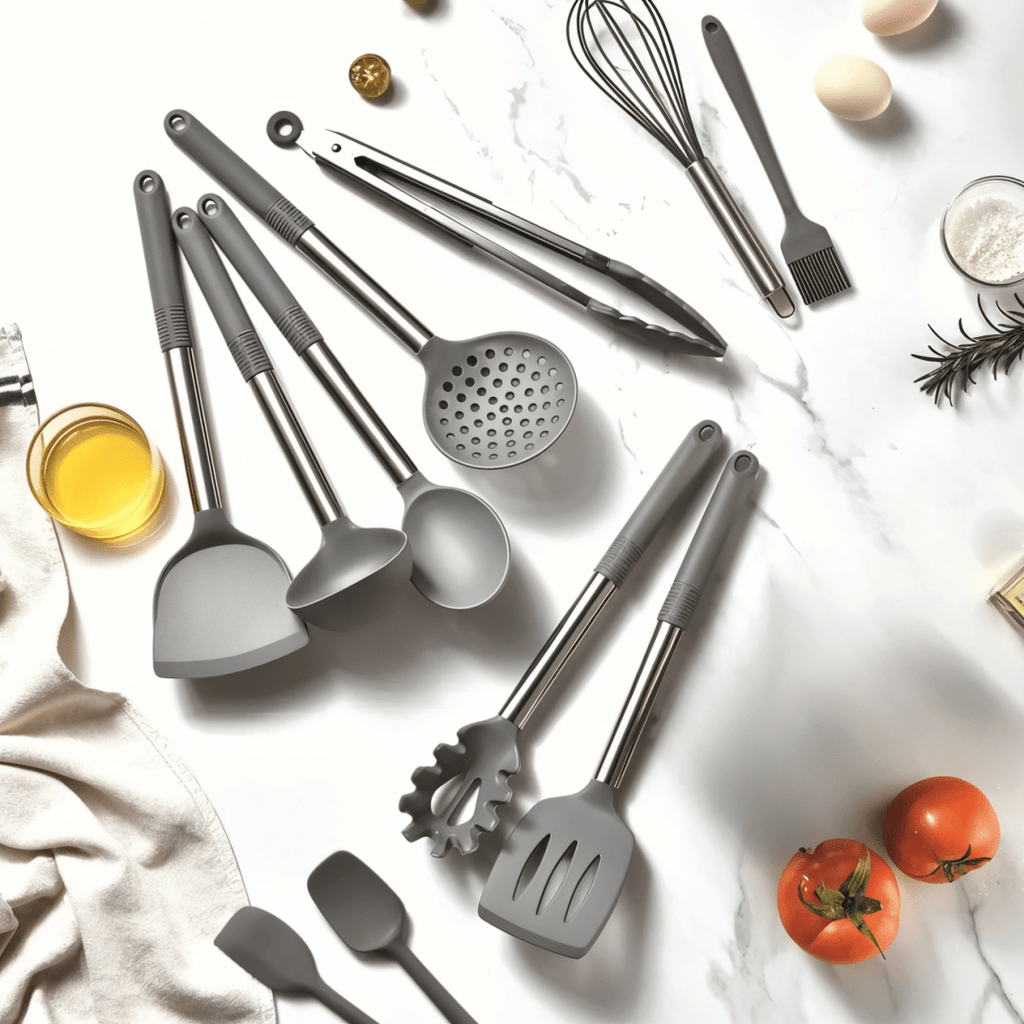 Ensemble d'ustensiles de cuisine moderne en silicone de 12 pièces - Poignées résistantes à la chaleur en acier inoxydable noir élégant pour une cuisine stylée