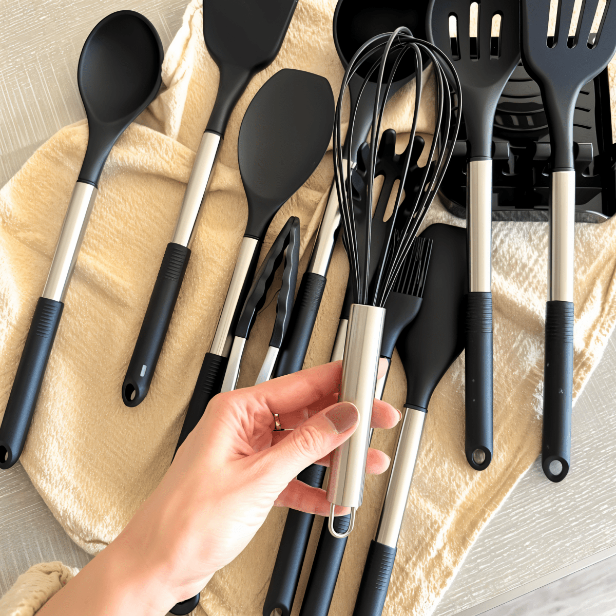 Ensemble d'ustensiles de cuisine moderne en silicone de 12 pièces - Poignées résistantes à la chaleur en acier inoxydable noir élégant pour une cuisine stylée