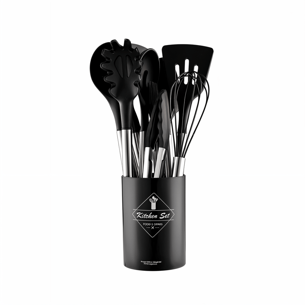 Ensemble d'ustensiles de cuisine moderne en silicone de 12 pièces - Poignées résistantes à la chaleur en acier inoxydable noir élégant pour une cuisine stylée