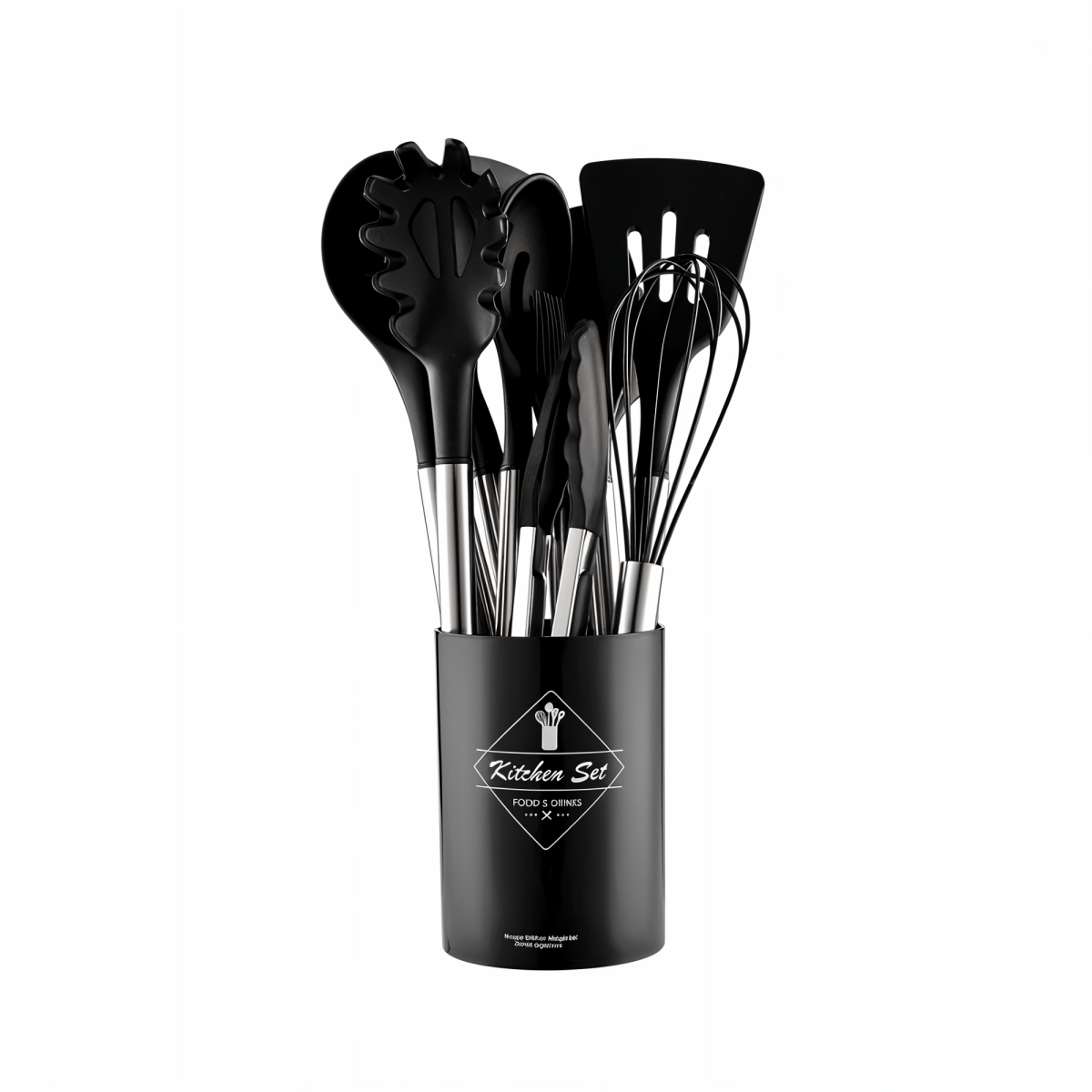 Ensemble d'ustensiles de cuisine moderne en silicone de 12 pièces - Poignées résistantes à la chaleur en acier inoxydable noir élégant pour une cuisine stylée