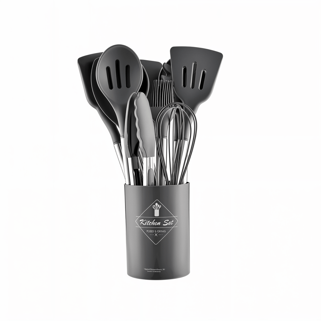 Ensemble d'ustensiles de cuisine moderne en silicone de 12 pièces - Poignées résistantes à la chaleur en acier inoxydable noir élégant pour une cuisine stylée