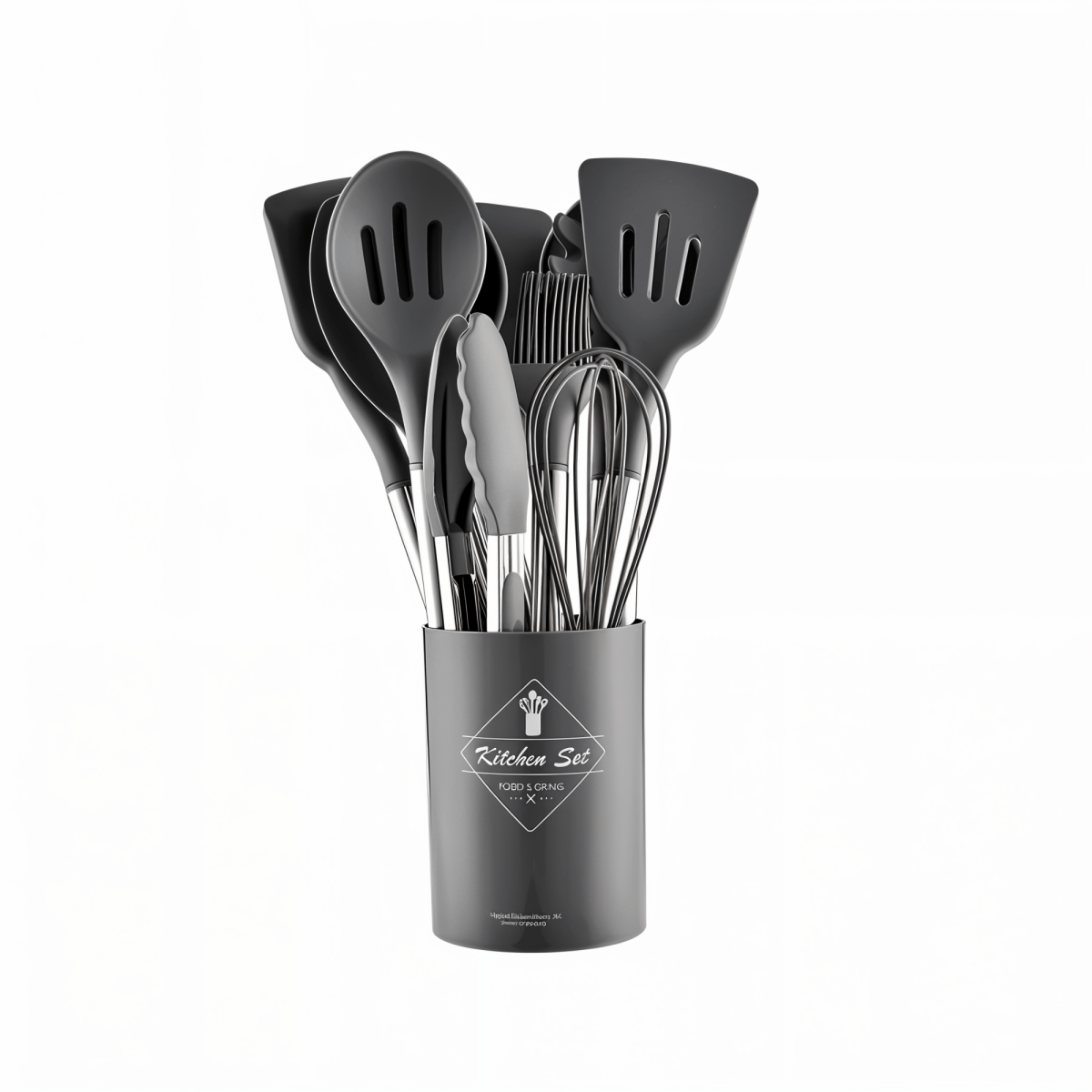 Ensemble d'ustensiles de cuisine moderne en silicone de 12 pièces - Poignées résistantes à la chaleur en acier inoxydable noir élégant pour une cuisine stylée