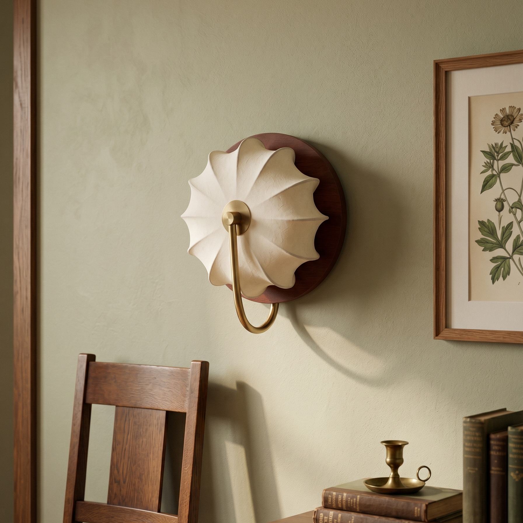 Applique Murale Avec Abat-jour en Tissu et Détails en Bois