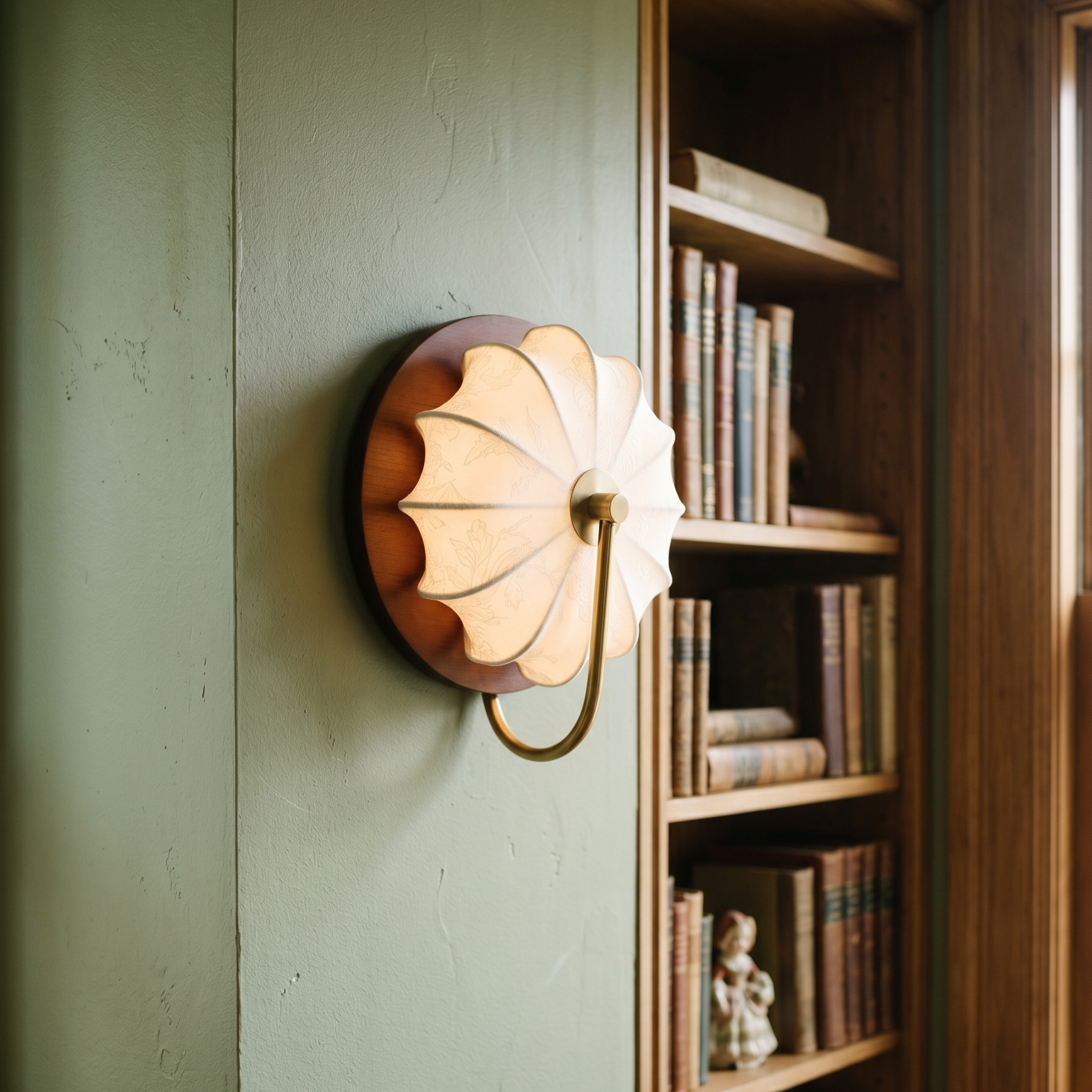 Applique Murale Avec Abat-jour en Tissu et Détails en Bois