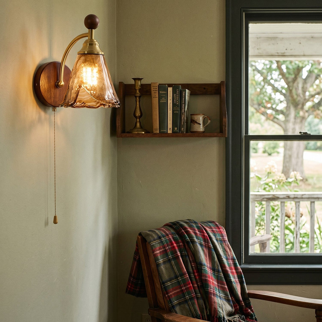 Applique Murale En Verre Et Bois Avec Interrupteur À Tirette