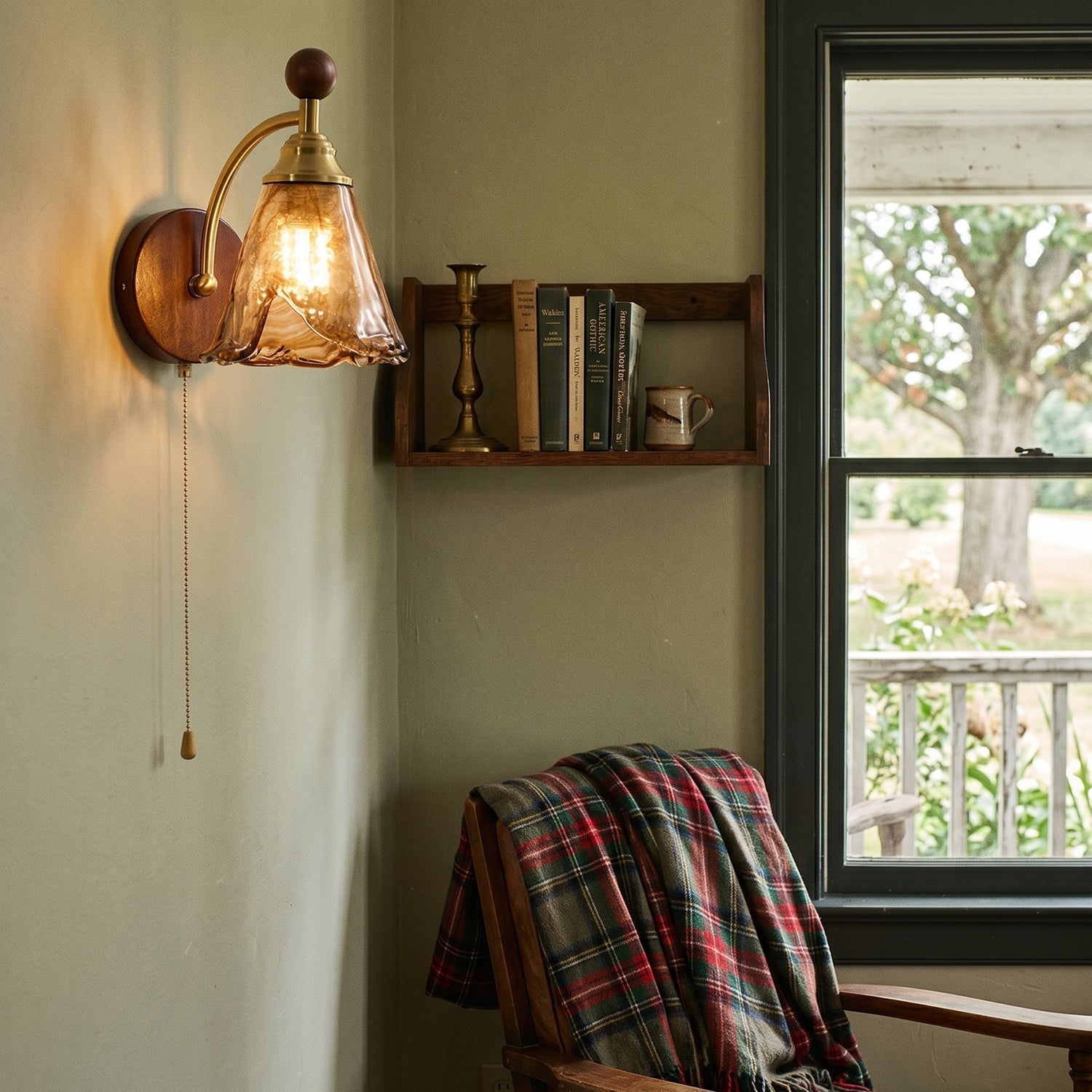 Applique Murale En Verre Et Bois Avec Interrupteur À Tirette