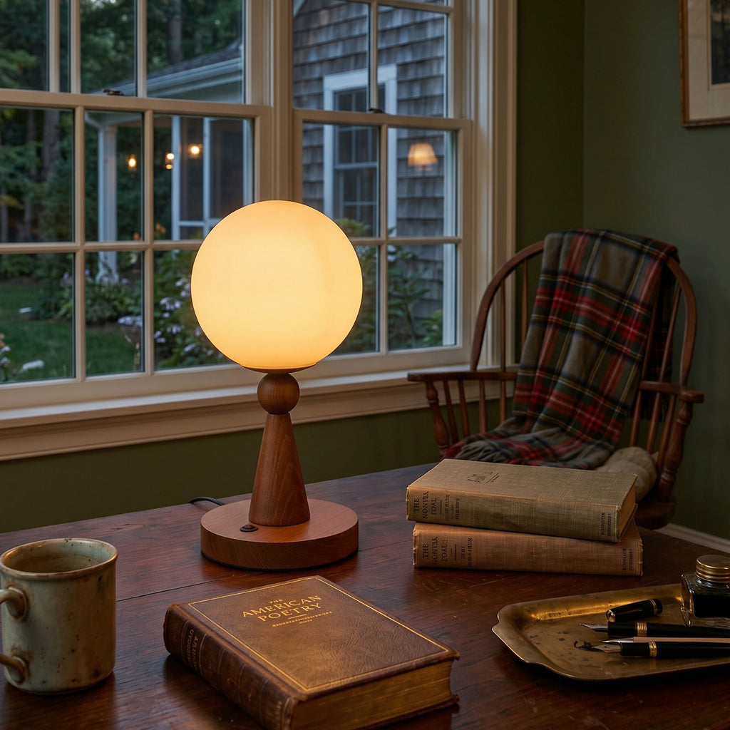 Lampe de Table en Bois et Verre avec Abat-Jour Sphérique