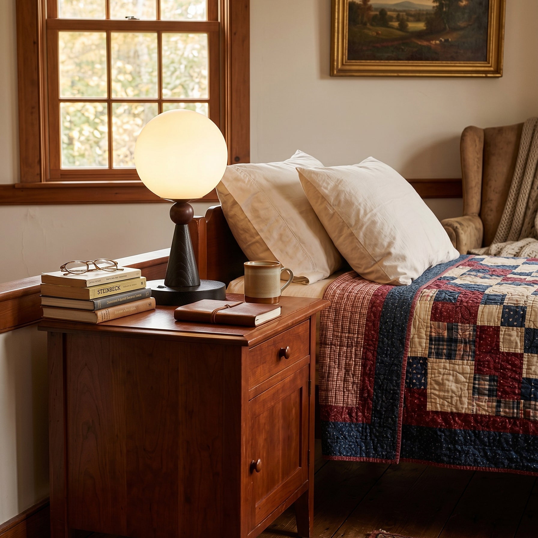 Lampe de Table en Bois et Verre avec Abat-Jour Sphérique