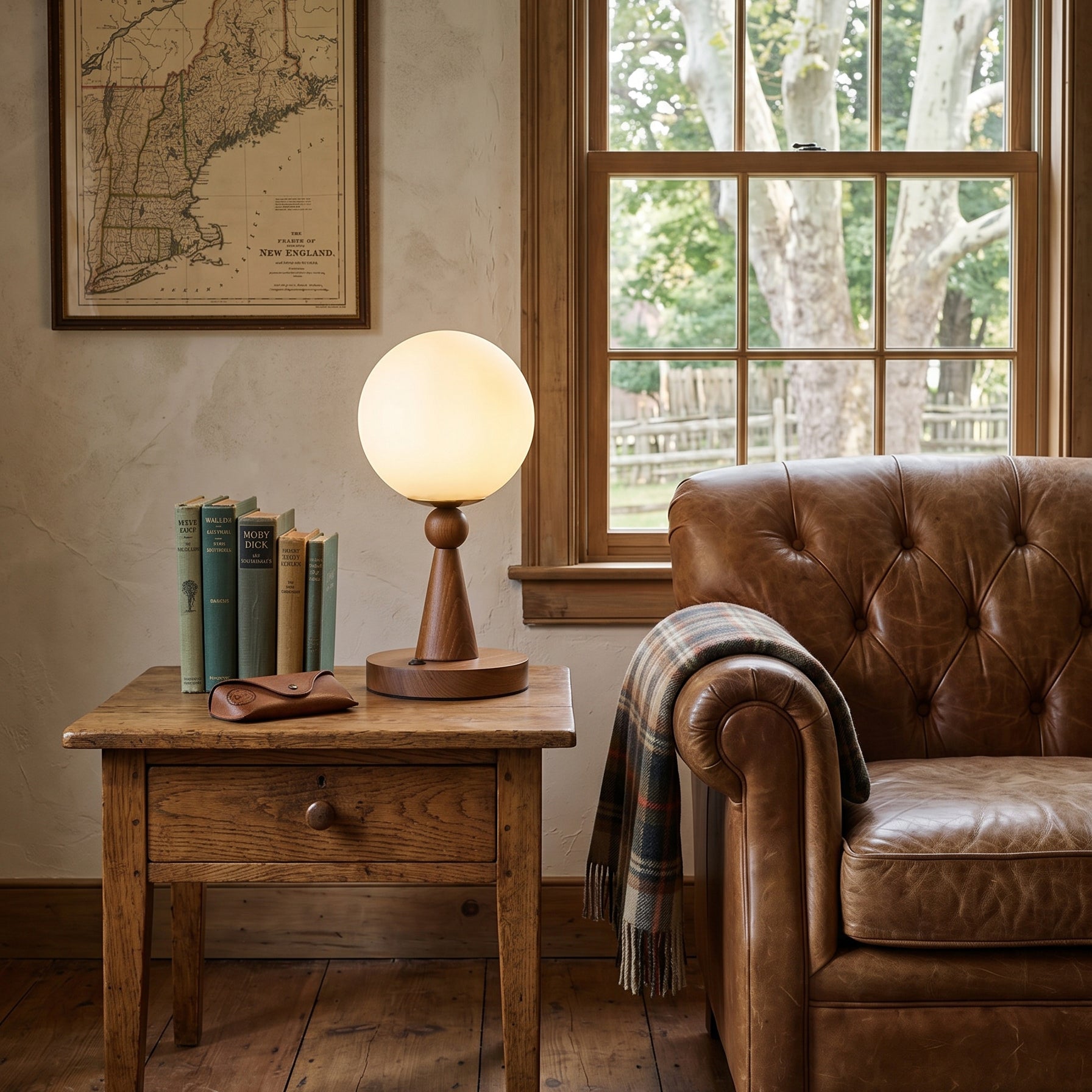 Lampe de Table en Bois et Verre avec Abat-Jour Sphérique
