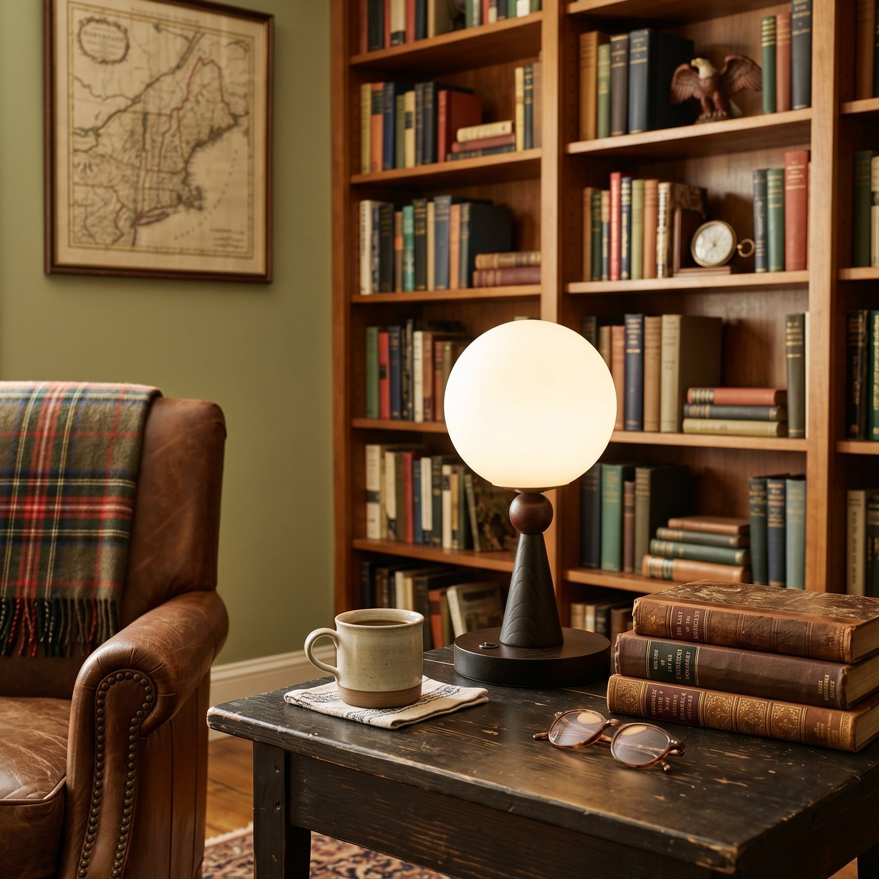 Lampe de Table en Bois et Verre avec Abat-Jour Sphérique