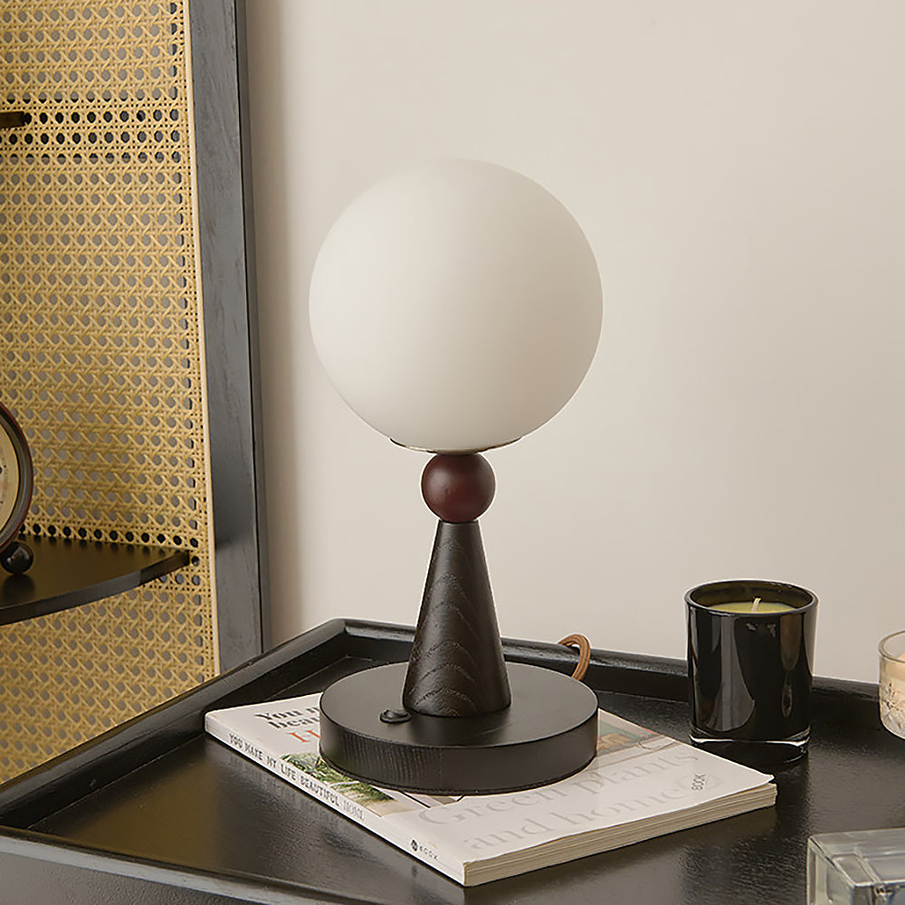 Lampe de Table en Bois et Verre avec Abat-Jour Sphérique
